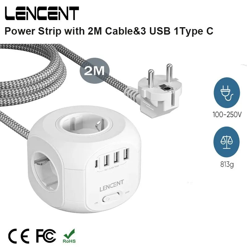 LENCENT Mehrfachsteckdose mit Schalter für Zuhause, EU-Stecker-Steckdosenleiste