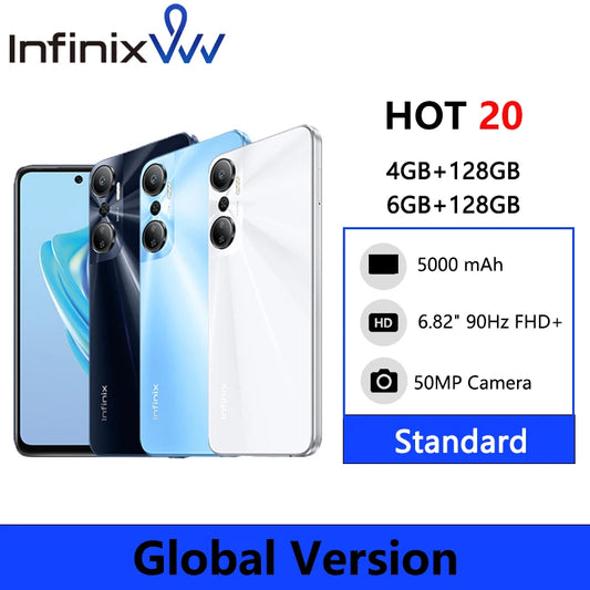 Global version Infinix HOT 20 4GB 128GB Smartphone 6.82inch 90HZ Screen Helio G85 Mobile Phone 50MP Rear Camera 5000mAh Battery