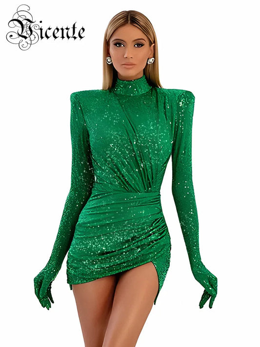 Luxus Langarm Damenveste, Samt Mini Kleid mit Pailletten, Elegantes Partykleid