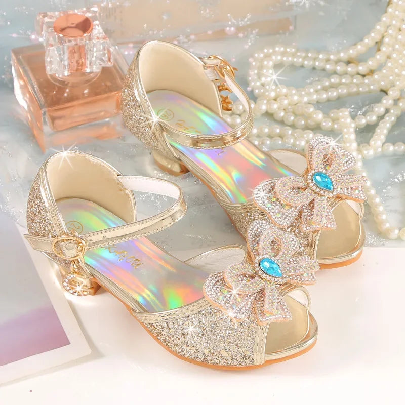 Summer Girls Sandals With Heel Fashion Rhinestone Shiny Glitter Shoes Children Princess Bowtie Pearl Dancing Shoes H876