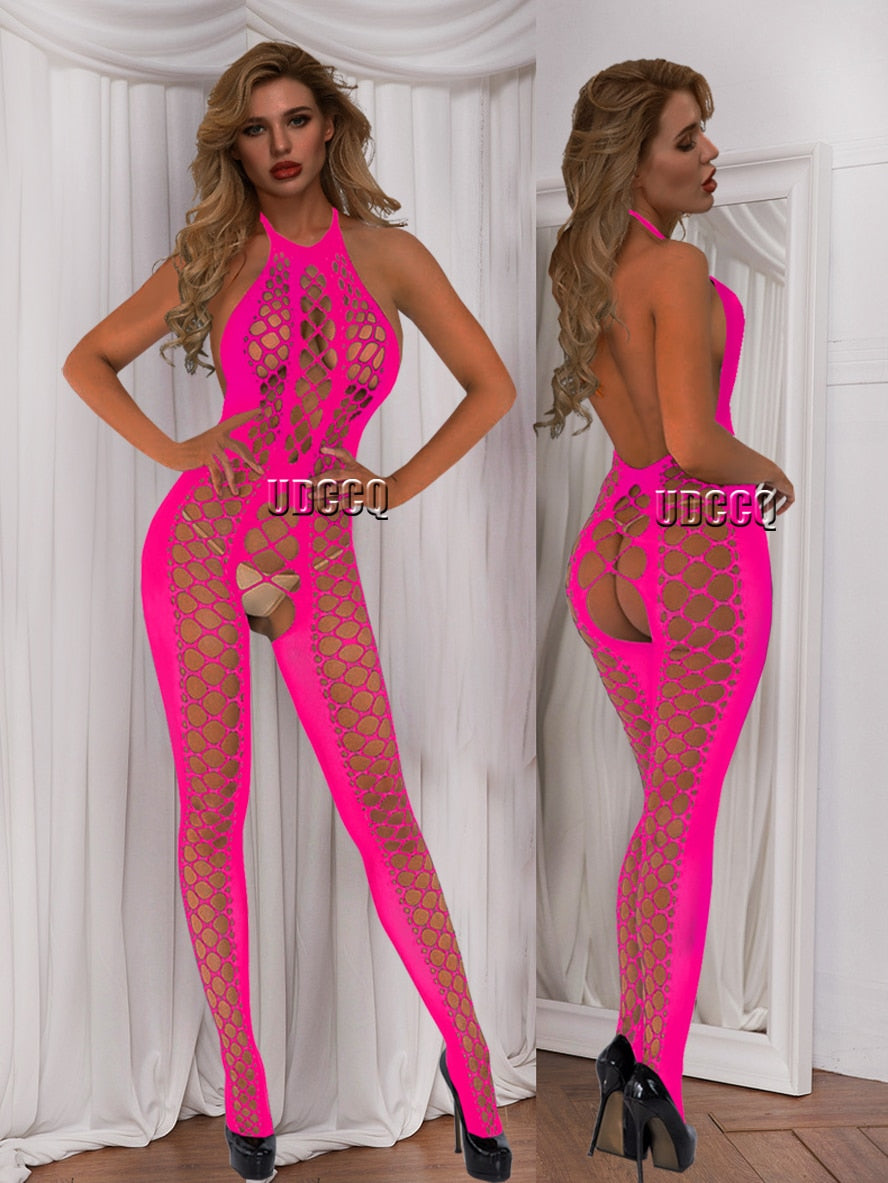 Sexy gehäkelte Fischnetz-Cosplay-Dessous, Nachtwäsche, sexy Kleid in fluoreszierendem Rosa