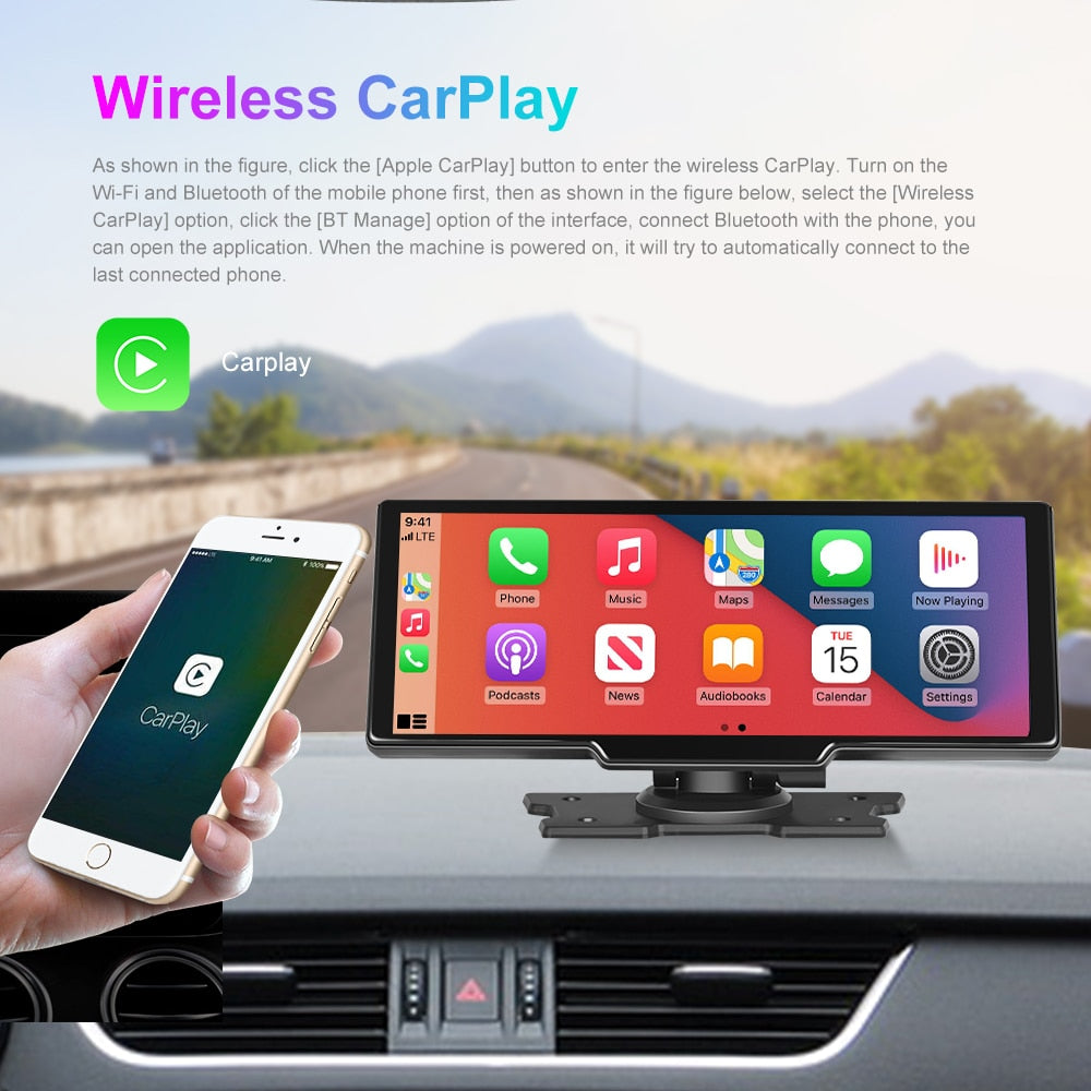 Podofo Autospiegel-Videoaufzeichnung Carplay, Android Auto Wireless-Verbindung GPS-Navigation Dashboard DVR mit AI Voice