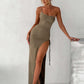 One-Shoulder-Riemen-Oberschenkel-hohes, geteiltes Maxikleid für Frauen, ärmellos, rückenfrei, figurbetont, sexy Club-Party, langes Kleid