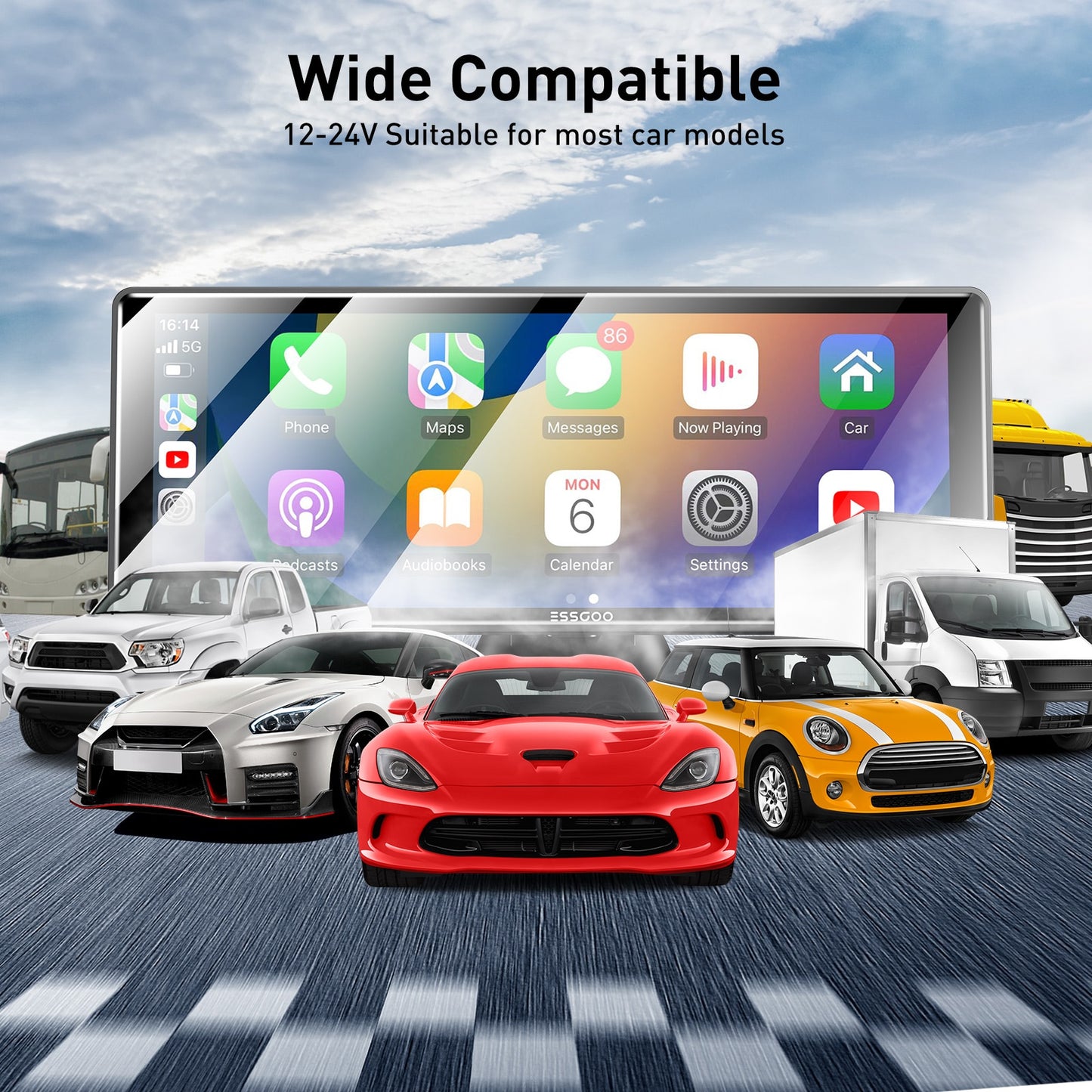 ESSGOO 10,26" Apple Carplay Autoradio, Automotive Multimedia Player Wireless Android Auto MirrorLink WiFi FM Car Play