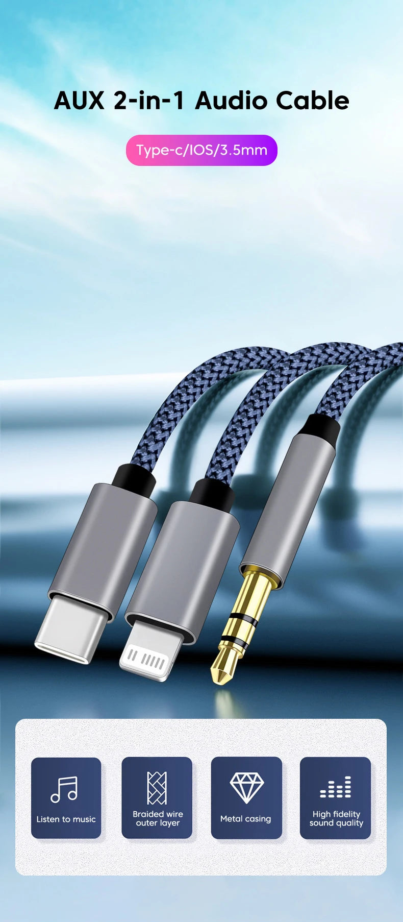 2 in 1 Aux Audio Cable Type C/Lightning To 3.5mm Male Cable For Car Headphone phone USB C IOS to 3.5mm Aux Converter Jack Cable