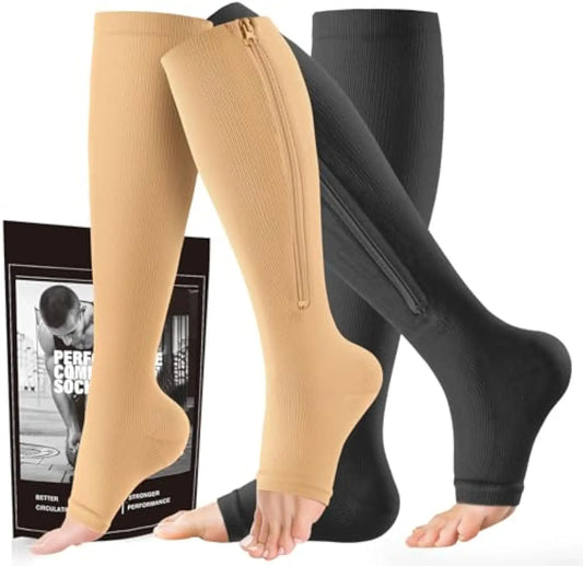 Zipper Compression Socks 15-20 mmHg Open Toe, Medical Zip Up Compression Stockings for Women Men Improves Blood Circulation, Rel