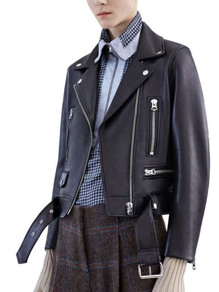 Zipper Grundlegende Lederjacke mit Umlegekragen, Motor Biker Jacke mit Gürtel