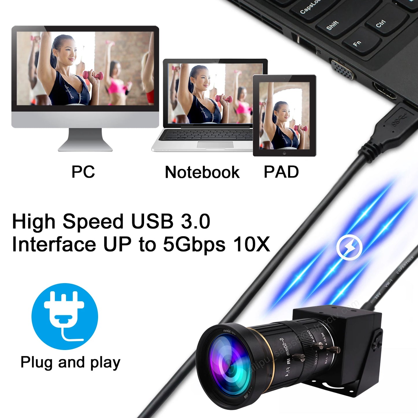ELP 60FPS 4K USB 3.0 HDMI-Kamera mit 5-50 mm manuellem 10-fach-Zoomobjektiv, IMX415 H.264 USB-Sicherheits-Webcam für die Anzeige von Computermonitoren