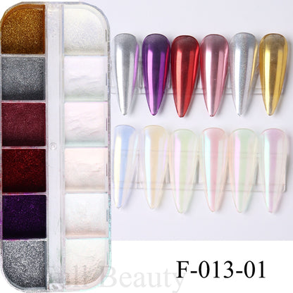 12 Gitter Perlweiß Chrom Nagel, Pigment UV Gel Nagellack
