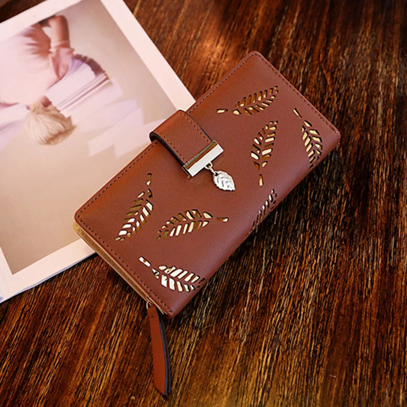 Ladies Fashion Wallet PU Leather Phone Purse Female Hollow Leaves Pouch Clutch Handbag For Women Coin Card Holders Long Wallets
