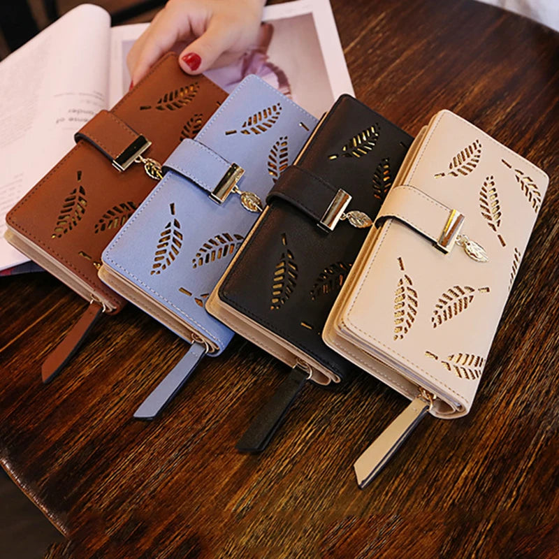 Ladies Fashion Wallet PU Leather Phone Purse Female Hollow Leaves Pouch Clutch Handbag For Women Coin Card Holders Long Wallets