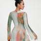 Damen-Minikleid mit langen Ärmeln, Schnürung, Batikdruck, Patchwork-Schlitz, figurbetontes Kleid für Club-Party