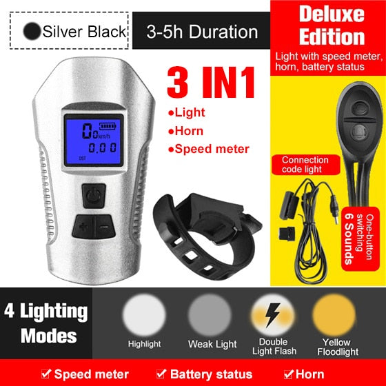 Fahrradlicht, USB wiederaufladbar, Fahrrad-Kilometerzähler, Frontlicht, Taschenlampe mit Computer, LCD-Tachometer, Radfahren, Kopf, Laterne, Horn