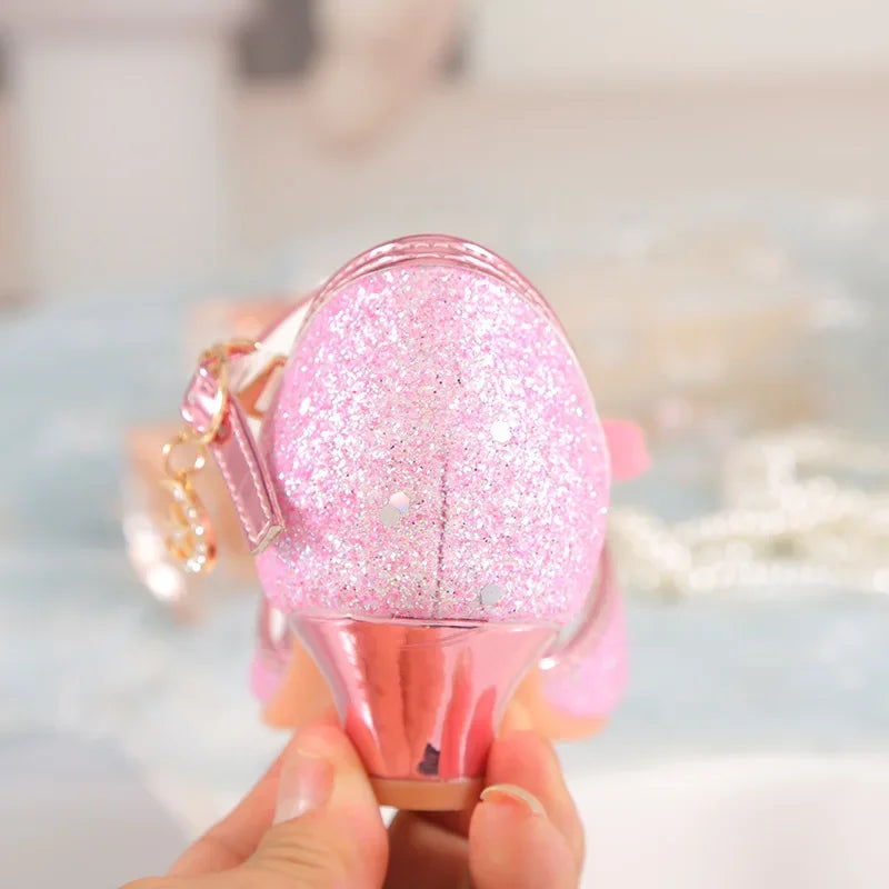 Summer Girls Sandals With Heel Fashion Rhinestone Shiny Glitter Shoes Children Princess Bowtie Pearl Dancing Shoes H876