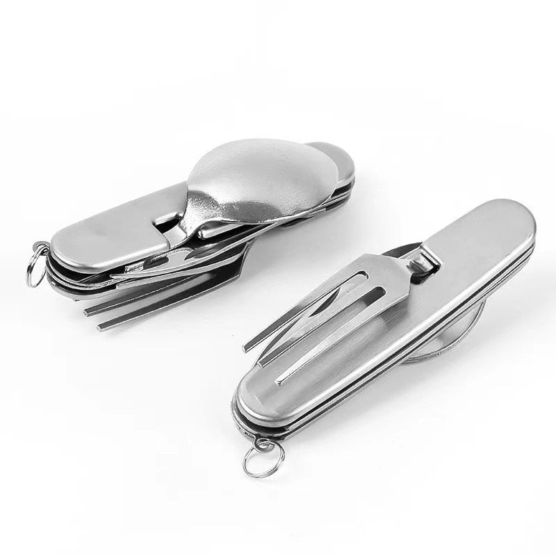 4 in 1 Multifunktionales Outdoor-Geschirr aus Edelstahl, faltbar, Gabel, Löffel, Messer, ideal für Picknick, Camping, Wandern, Reisen