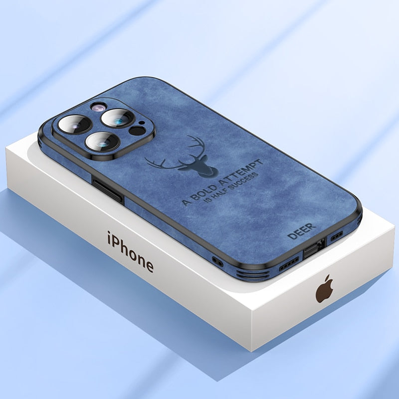 Luxus Hirsch Leder Telefon Fall Für iPhone 14, 13, 12 Pro Max Objektivglas Stoßfest Silikon Handy Abdeckung