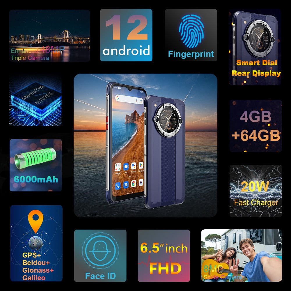 Unihertz Tick Tock E Octa Core Android Smartphone 6000 mAh, 6,5 Zoll Bildschirm 4 GB, 64 GB Mobiltelefon, 48 MP Entsperren Sie das Schnellladetelefon