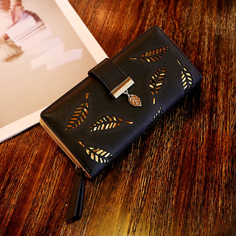 Ladies Fashion Wallet PU Leather Phone Purse Female Hollow Leaves Pouch Clutch Handbag For Women Coin Card Holders Long Wallets