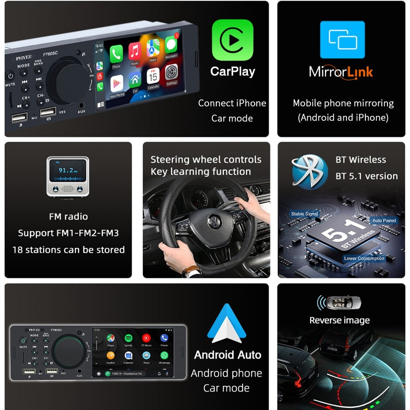 1 Din 4 "CarPlay Autoradio Bluetooth, Android-Auto MP5 Player, Handfree A2DP USB Stereo Audio System Multimedia kopf Einheit F7805C