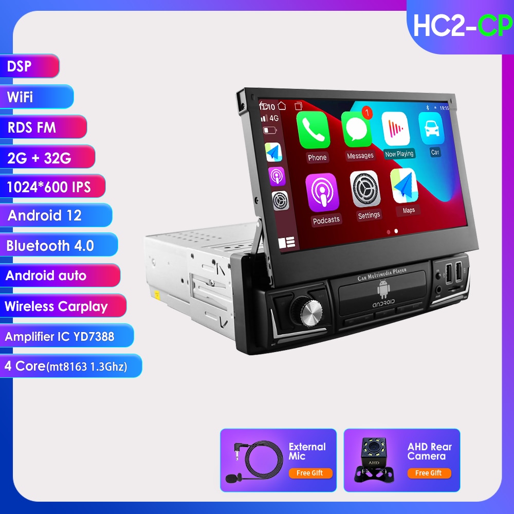 Hizpo Android 12 Universal 1din Autoradio, CarPlay GPS Navigation, Multimedia Player 1 Din Stereo 7 Zoll manuell einziehbarer Bildschirm