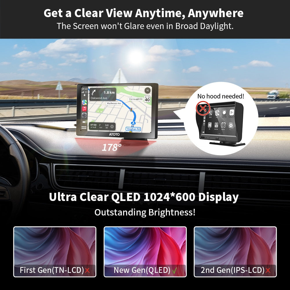 ATOTO P8 RM 7'' Tragbares Autoradio mit Fernbedienung, kabelloses CarPlay, Android Auto QLED, blendunterdrückender Bildschirm, GPS-Autoradio