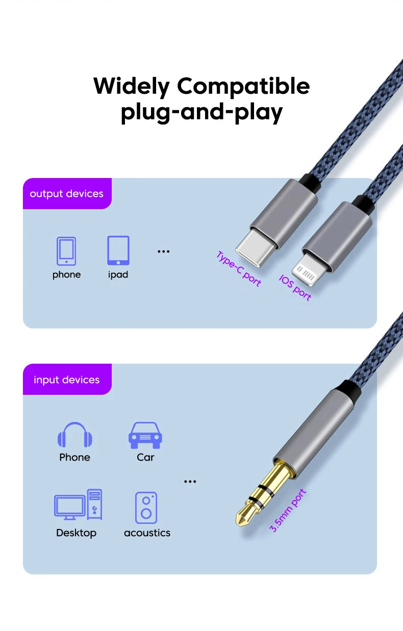 2 in 1 Aux Audio Cable Type C/Lightning To 3.5mm Male Cable For Car Headphone phone USB C IOS to 3.5mm Aux Converter Jack Cable