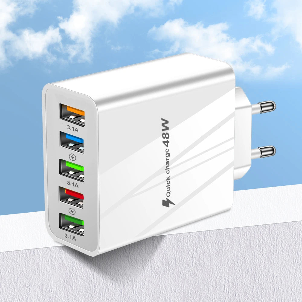 48W USB Charger Fast Charge QC 3.0 Wall Charger Adapter For iPhone 14 13 Samsung Xiaomi Mobile Phone Charger 5 Ports EU US Plug