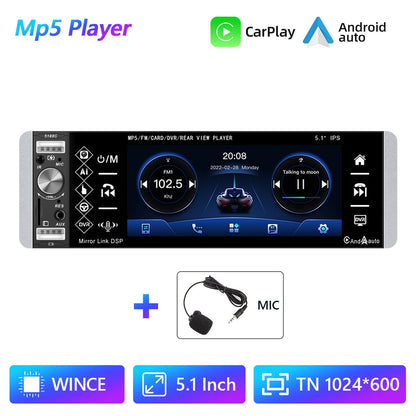 Podofo 1DIN MP5 Player Touch Autoradio FM 4-USB 5,1 Zoll, Unterstützt Android Mirrorlink Bluetooth Carplay Autoradio DVR