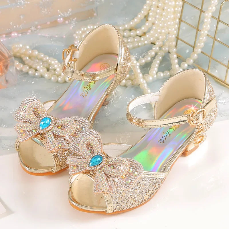 Summer Girls Sandals With Heel Fashion Rhinestone Shiny Glitter Shoes Children Princess Bowtie Pearl Dancing Shoes H876