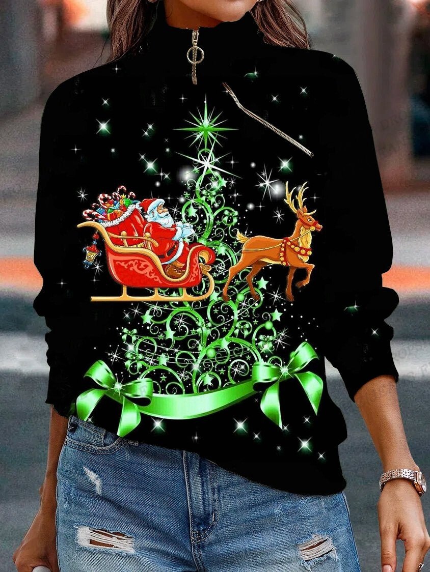 Goldener Weihnachtsbaum-Hoodie für Damen, modische Kapuzenpullover mit Reißverschluss, Mäntel mit Umdrehkragen