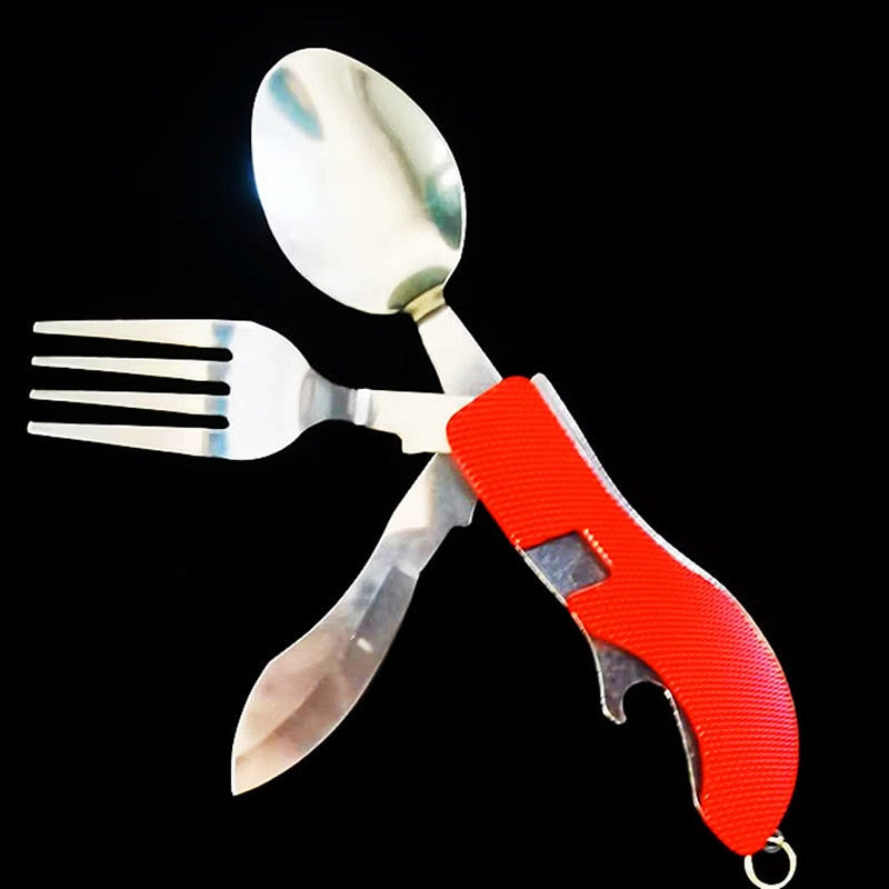 4 in 1 Multifunktionales Outdoor-Geschirr aus Edelstahl, faltbar, Gabel, Löffel, Messer, ideal für Picknick, Camping, Wandern, Reisen