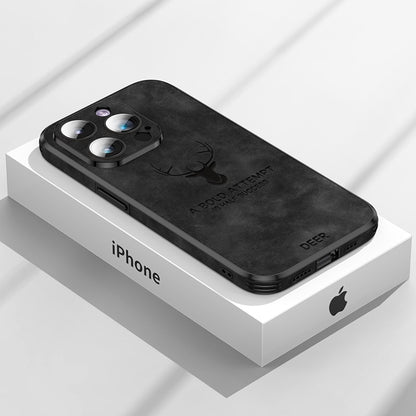 Luxus Hirsch Leder Telefon Fall Für iPhone 14, 13, 12 Pro Max Objektivglas Stoßfest Silikon Handy Abdeckung