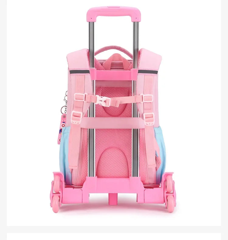 Children's Fashion Cartoon School Bags with 6 Wheels Trolley Backpack Teenagers Girls Rolling Backpack Students Kids Backpack