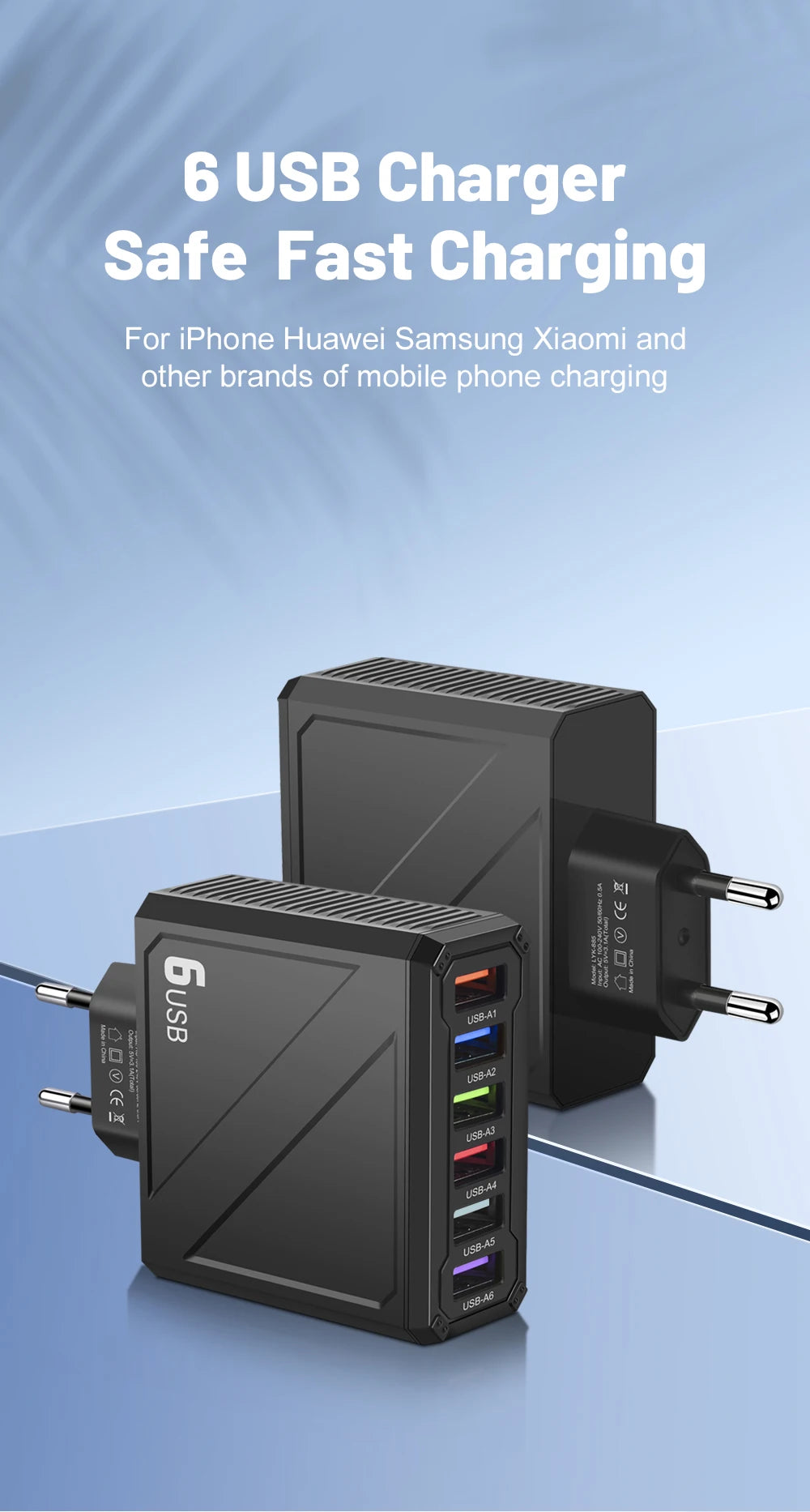 3.1A 6Ports USB Charger Fast Charging Wall Charger Quick Charge For iPhone Samsung Xiaomi Huawei Mobile Phone Adapter