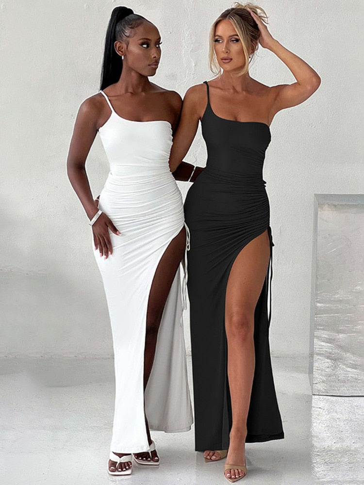 One-Shoulder-Riemen-Oberschenkel-hohes, geteiltes Maxikleid für Frauen, ärmellos, rückenfrei, figurbetont, sexy Club-Party, langes Kleid
