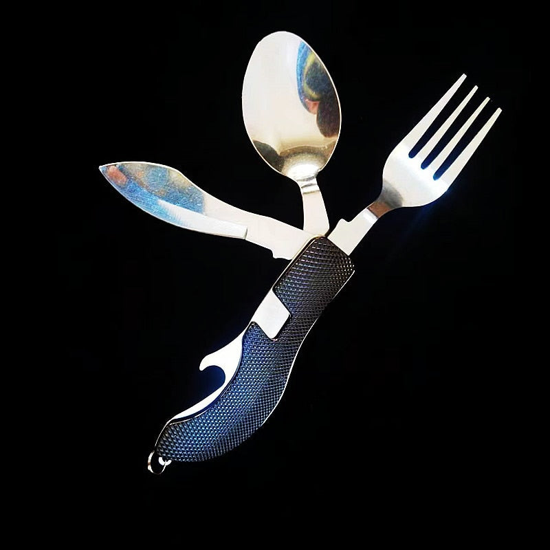 4 in 1 Multifunktionales Outdoor-Geschirr aus Edelstahl, faltbar, Gabel, Löffel, Messer, ideal für Picknick, Camping, Wandern, Reisen