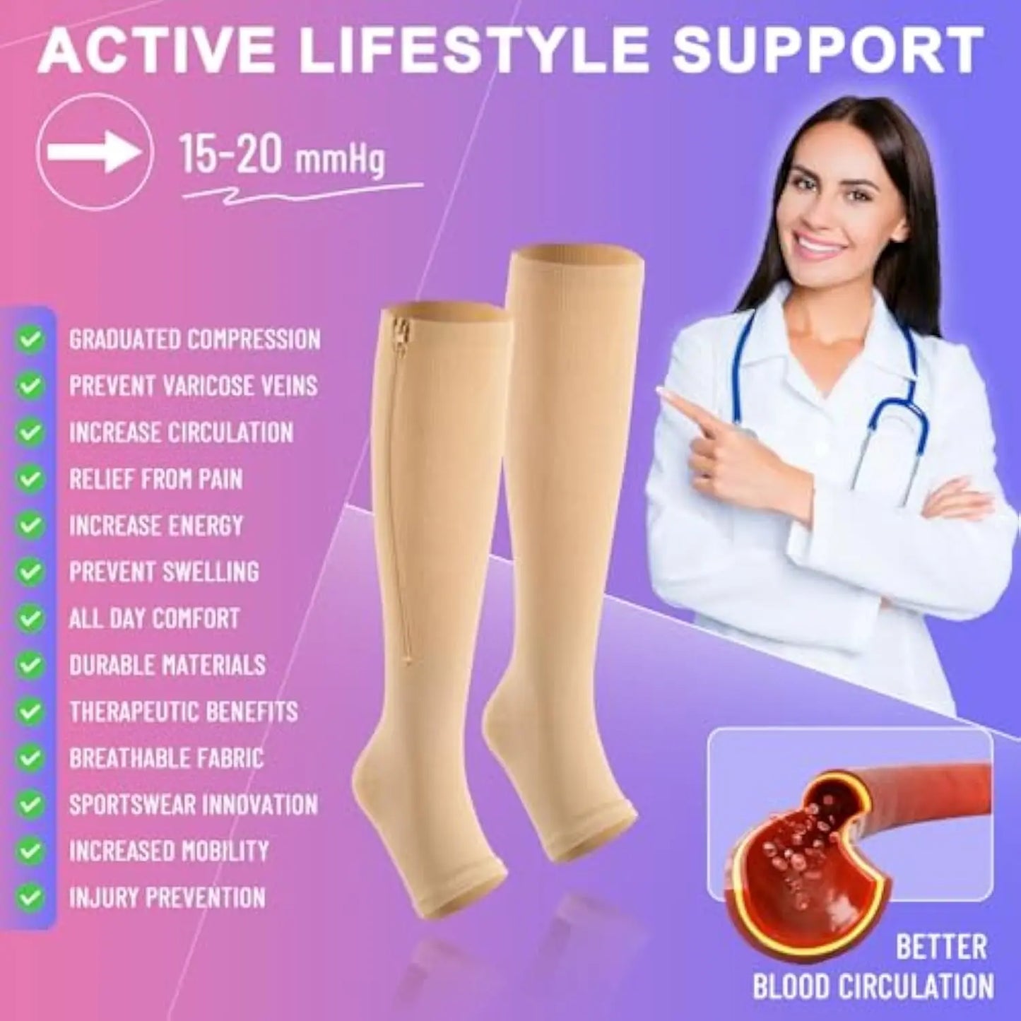 Zipper Compression Socks 15-20 mmHg Open Toe, Medical Zip Up Compression Stockings for Women Men Improves Blood Circulation, Rel