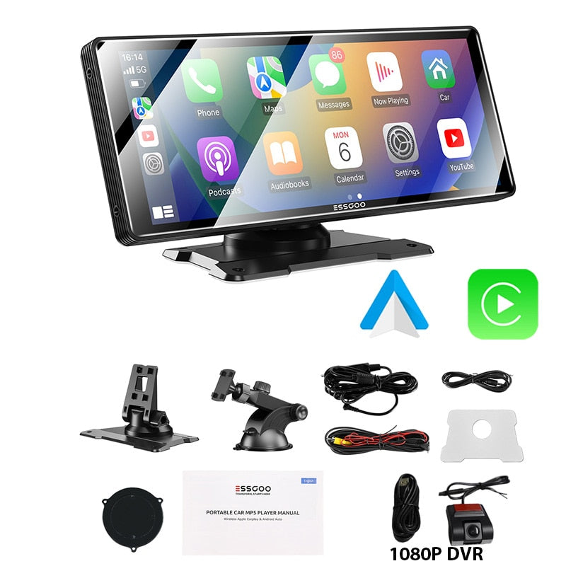 ESSGOO 10,26" Apple Carplay Autoradio, Automotive Multimedia Player Wireless Android Auto MirrorLink WiFi FM Car Play
