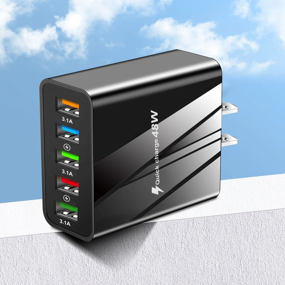 48W USB Charger Fast Charge QC 3.0 Wall Charger Adapter For iPhone 14 13 Samsung Xiaomi Mobile Phone Charger 5 Ports EU US Plug