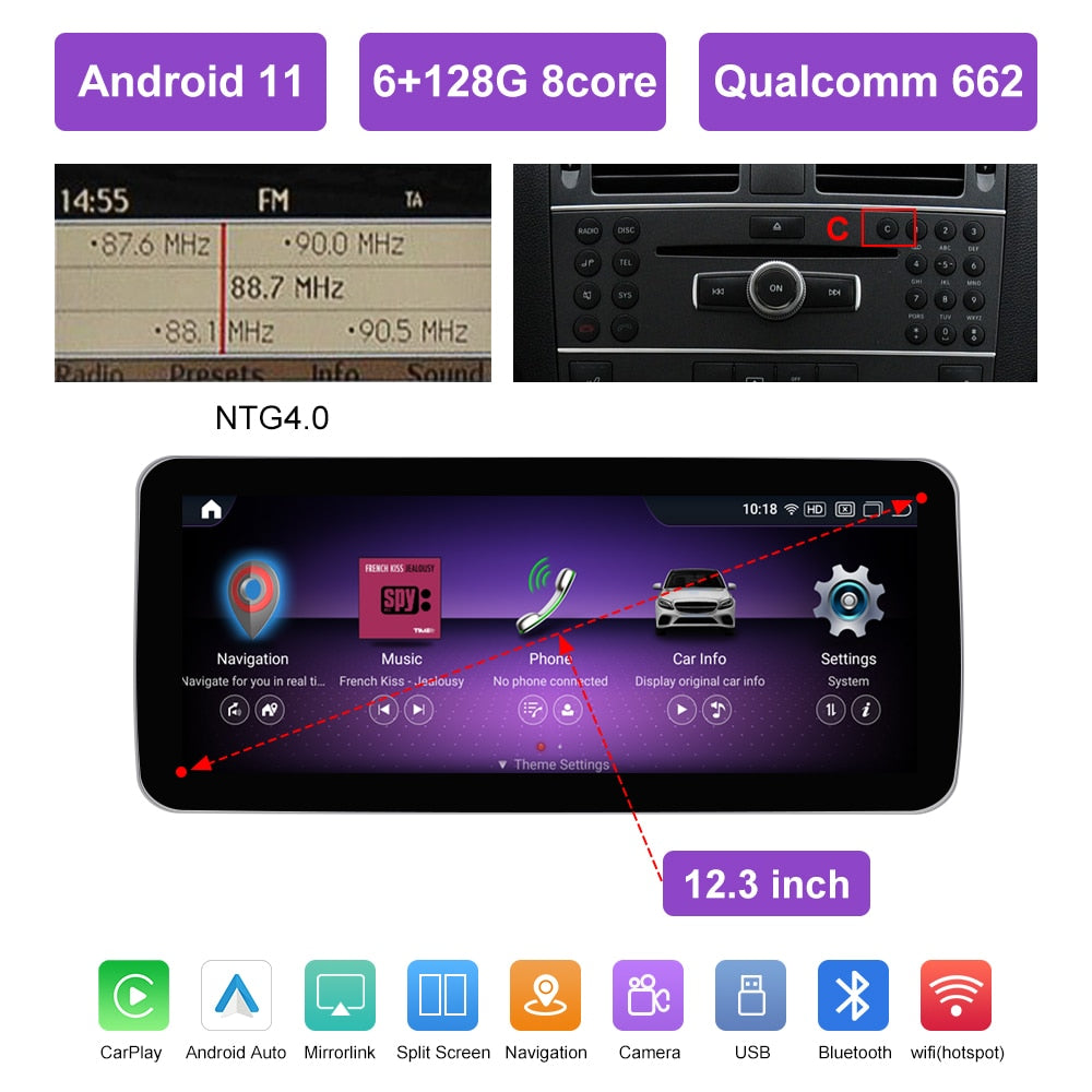 10,25" Qualcomm Android 12 8G Autoradio GPS Navigation Bluetooth WiFi Head Unit Bildschirm für Mercedes Benz C, Klasse W204 2008-2010