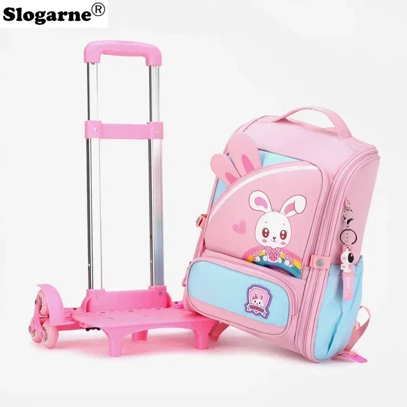 Children's Fashion Cartoon School Bags with 6 Wheels Trolley Backpack Teenagers Girls Rolling Backpack Students Kids Backpack