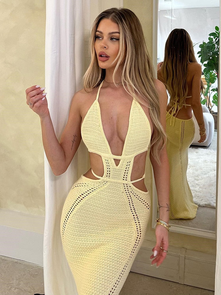 Aushöhlen Halter, Damen Sexy Mini Sommerkleid, Ärmellose Backless Dünne Club Party Stricken