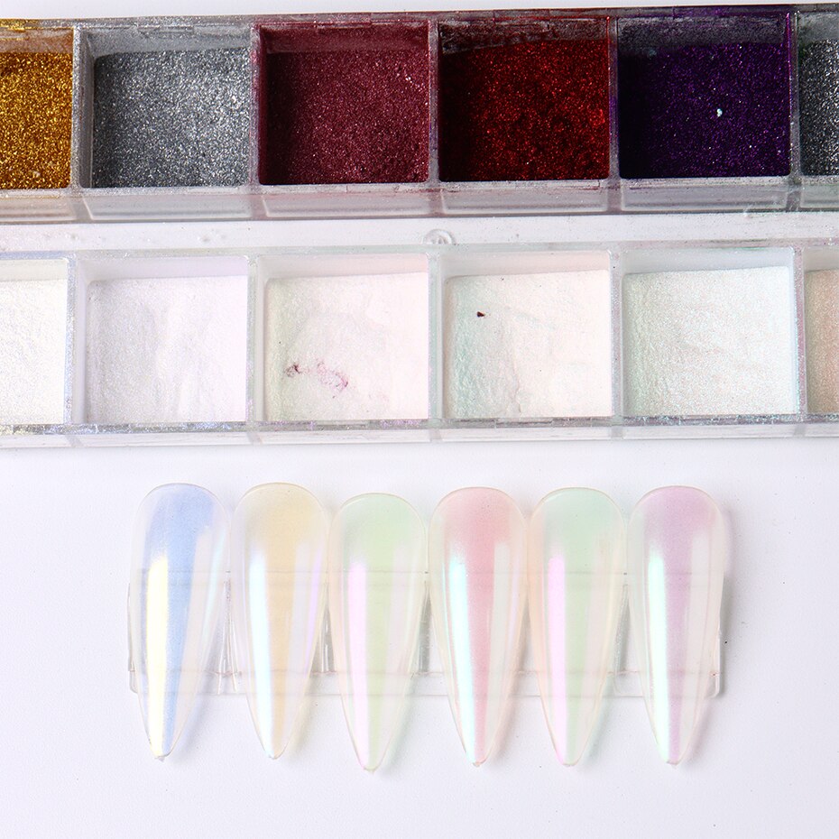 12 Gitter Perlweiß Chrom Nagel, Pigment UV Gel Nagellack