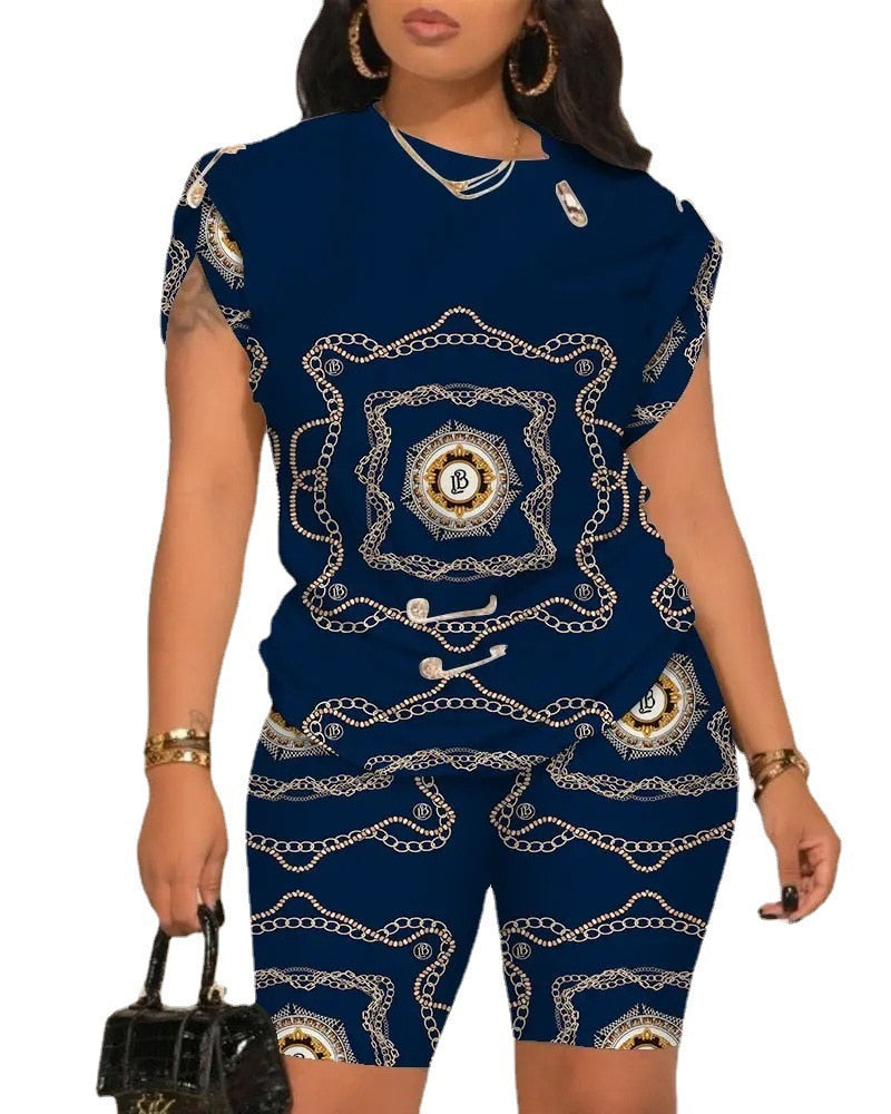 Damen Casual Rundhals Kurzarm T-shirt, Mode Druck in Zwei Stück Anzug-Set