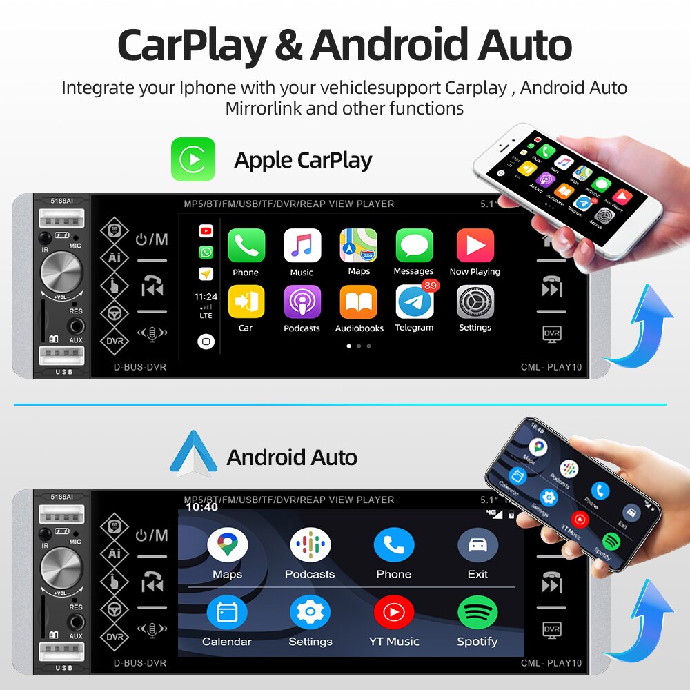 Podofo 1DIN MP5 Player Touch Autoradio FM 4-USB 5,1 Zoll, Unterstützt Android Mirrorlink Bluetooth Carplay Autoradio DVR