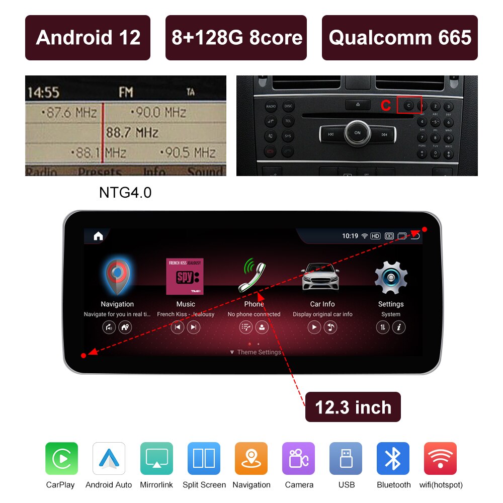 10,25" Qualcomm Android 12 8G Autoradio GPS Navigation Bluetooth WiFi Head Unit Bildschirm für Mercedes Benz C, Klasse W204 2008-2010