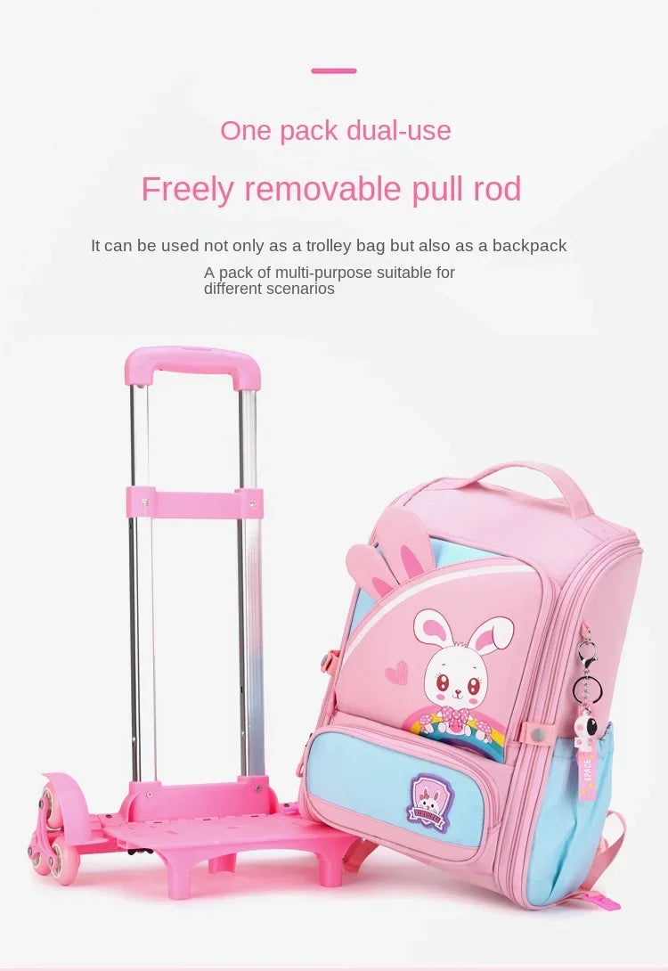 Children's Fashion Cartoon School Bags with 6 Wheels Trolley Backpack Teenagers Girls Rolling Backpack Students Kids Backpack