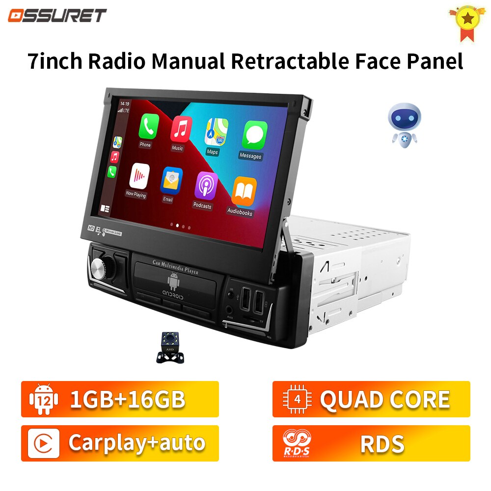 Hizpo Android 12 Universal 1din Autoradio, CarPlay GPS Navigation, Multimedia Player 1 Din Stereo 7 Zoll manuell einziehbarer Bildschirm