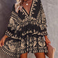 Tribal-Print-Sommerkleid mit V-Ausschnitt, Laternenärmel, Swing-Partykleid, hohe Taille
