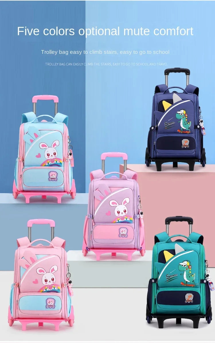Children's Fashion Cartoon School Bags with 6 Wheels Trolley Backpack Teenagers Girls Rolling Backpack Students Kids Backpack